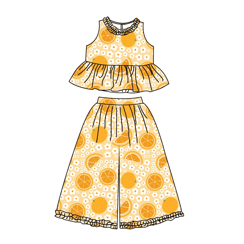 High-quality Summer Girl Sleeveless Peplum Top with Long Wide-leg Pants Set Custom Printed Children's Clothing - Image 3
